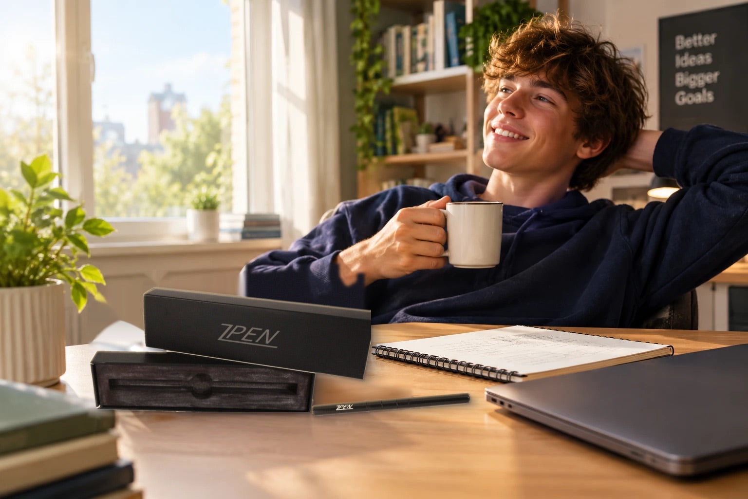 A relaxed student smiling with a coffee, with a ZPEN on the desk