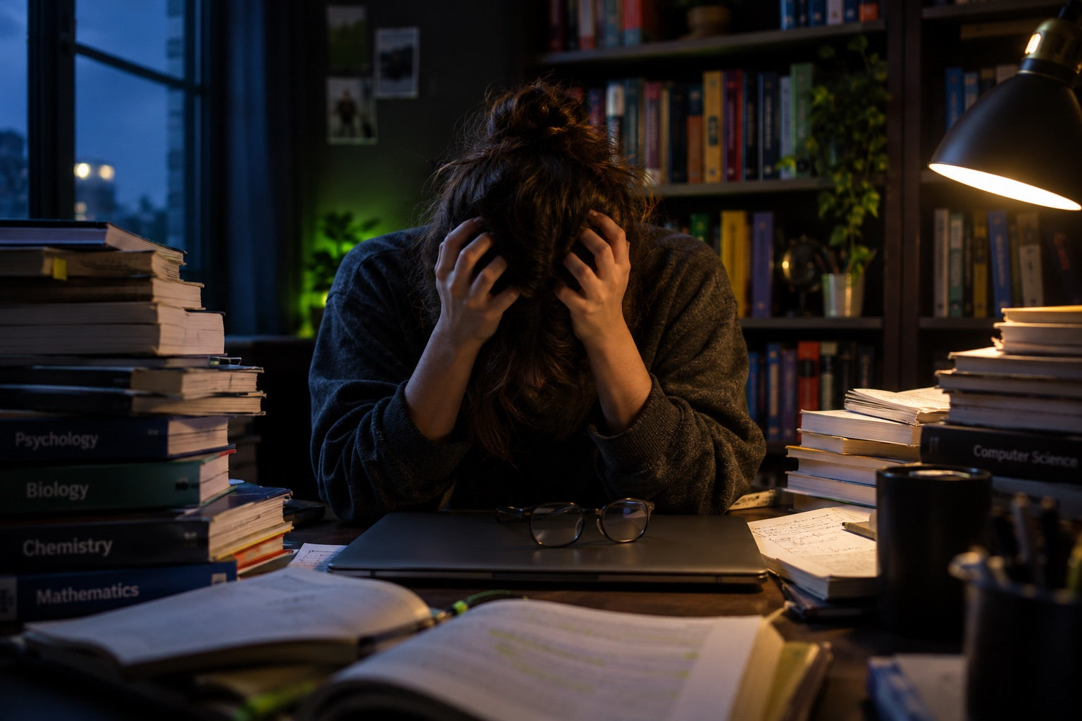 A stressed student buried in textbooks late at night